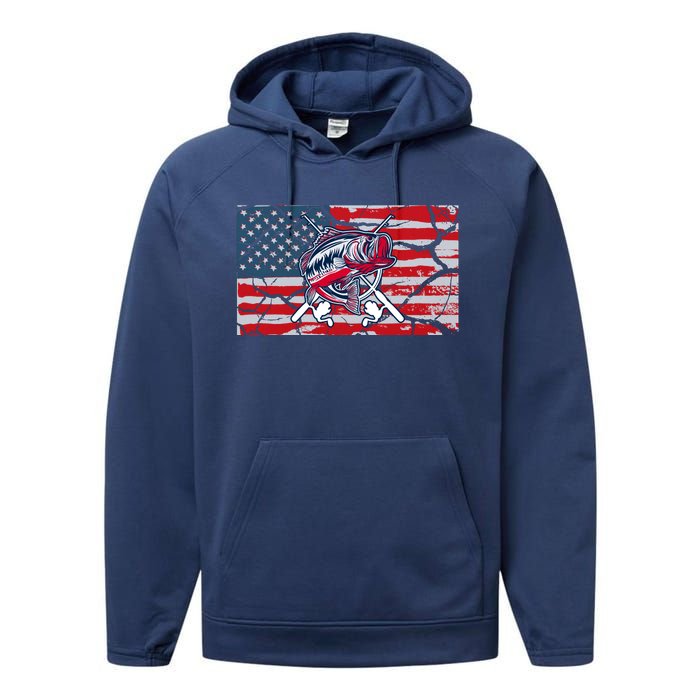 Cool Usa Flag With Fish Retro Design Performance Fleece Hoodie