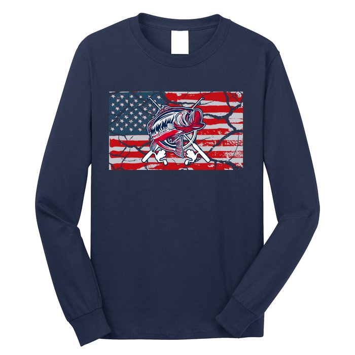 Cool Usa Flag With Fish Retro Design Long Sleeve Shirt