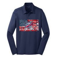 Cool Usa Flag With Fish Retro Design Silk Touch Performance Long Sleeve Polo