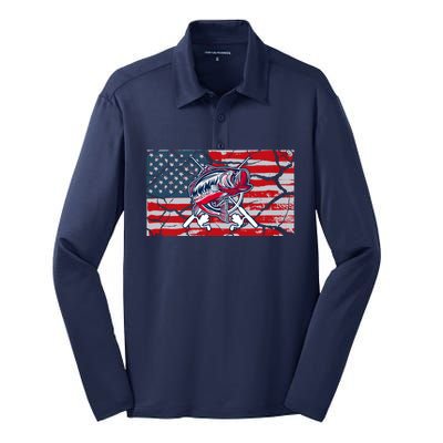 Cool Usa Flag With Fish Retro Design Silk Touch Performance Long Sleeve Polo