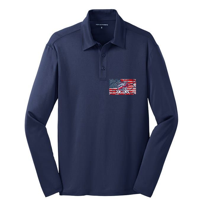 Cool Usa Flag With Fish Retro Design Silk Touch Performance Long Sleeve Polo