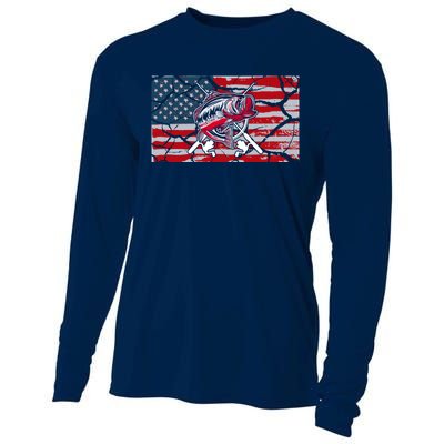 Cool Usa Flag With Fish Retro Design Cooling Performance Long Sleeve Crew