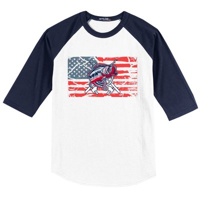 Cool Usa Flag With Fish Retro Design Baseball Sleeve Shirt