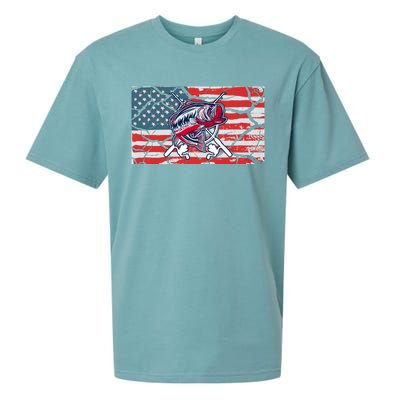 Cool Usa Flag With Fish Retro Design Sueded Cloud Jersey T-Shirt