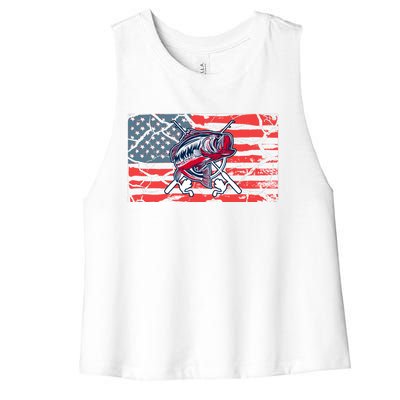 Cool Usa Flag With Fish Retro Design Women's Racerback Cropped Tank