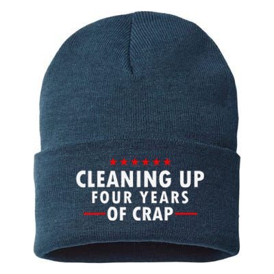 Cleaning Up Four Years Of Crap Funny Trump Garbage Truck Sustainable Knit Beanie