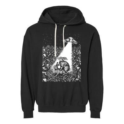 Cool Ufo Funny Alien Offensive Gift For Men Women Ufo Cow Abduction Crazy Bad Vintage Bunny Graphic Flying Saucer Garment-Dyed Fleece Hoodie