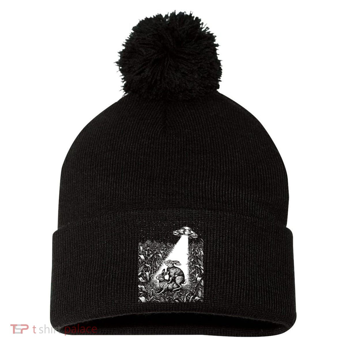 Cool Ufo Funny Alien Offensive Gift For Men Women Ufo Cow Abduction Crazy Bad Vintage Bunny Graphic Flying Saucer Pom Pom 12in Knit Beanie