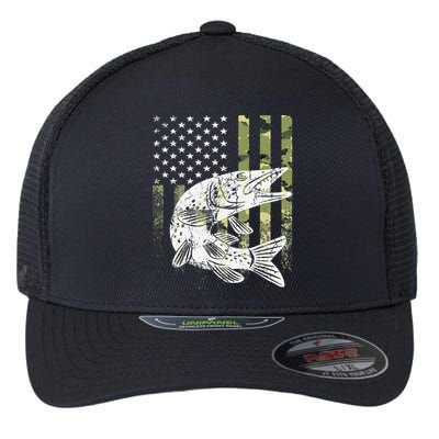 Camouflage USA Flag Patriotic Fisherman Gift Musky Fishing Flexfit Unipanel Trucker Cap