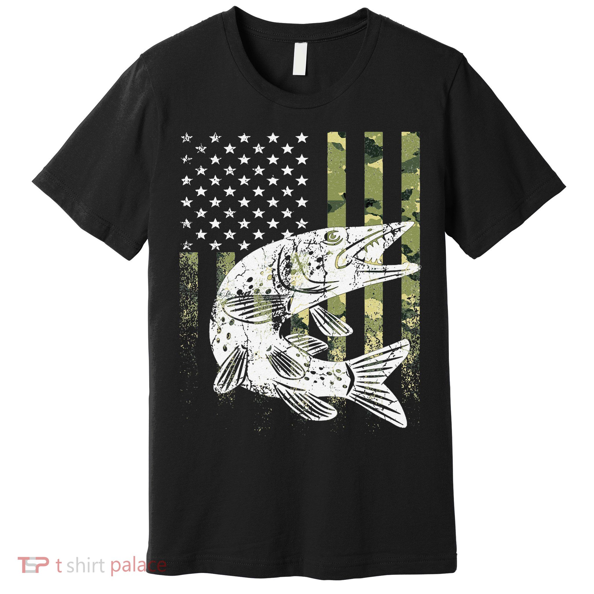 Camouflage USA Flag Patriotic Fisherman Gift Musky Fishing Premium T-Shirt