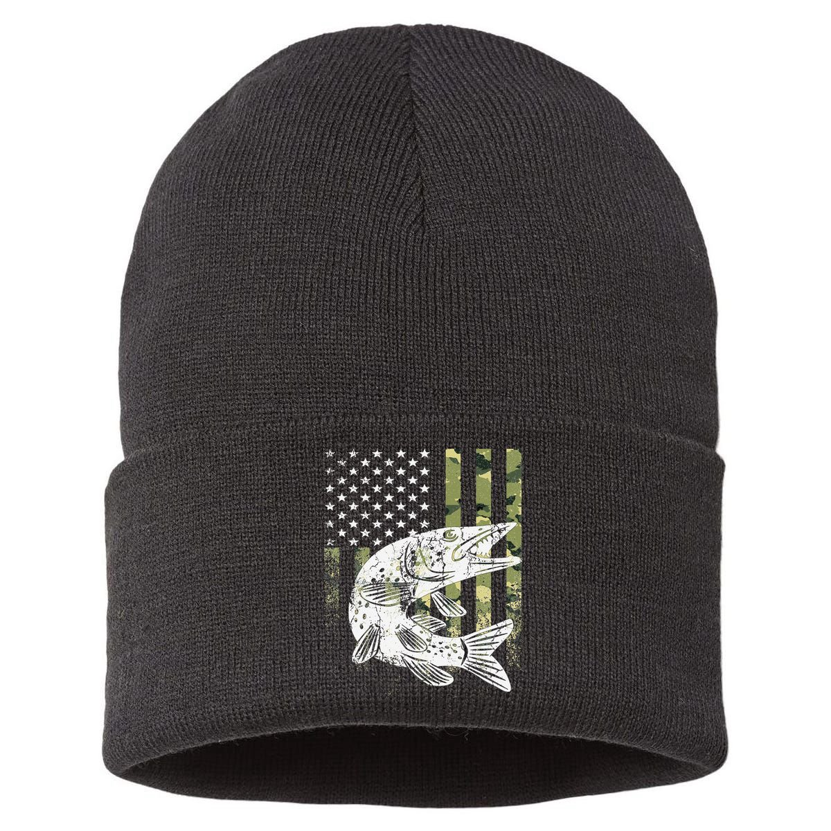 Camouflage USA Flag Patriotic Fisherman Gift Musky Fishing Sustainable Knit Beanie