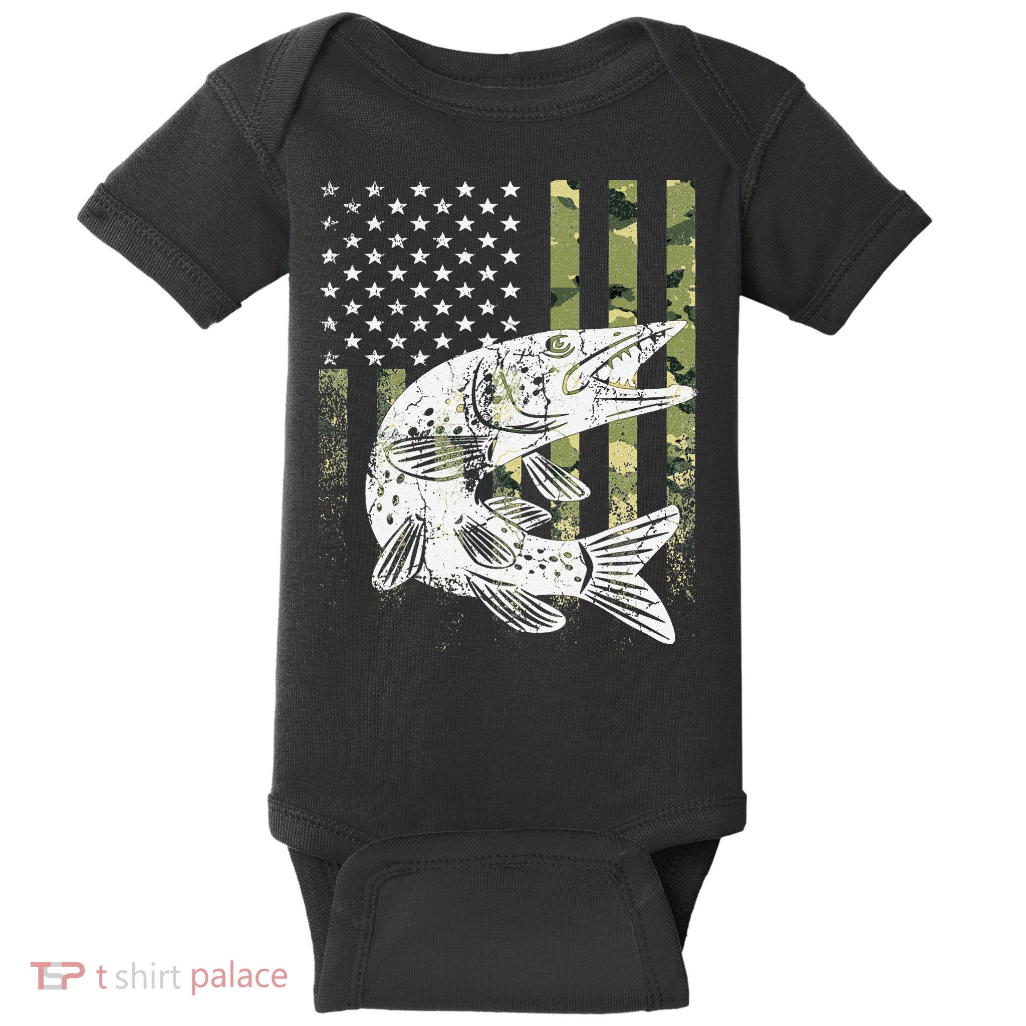 Camouflage USA Flag Patriotic Fisherman Gift Musky Fishing Baby Bodysuit