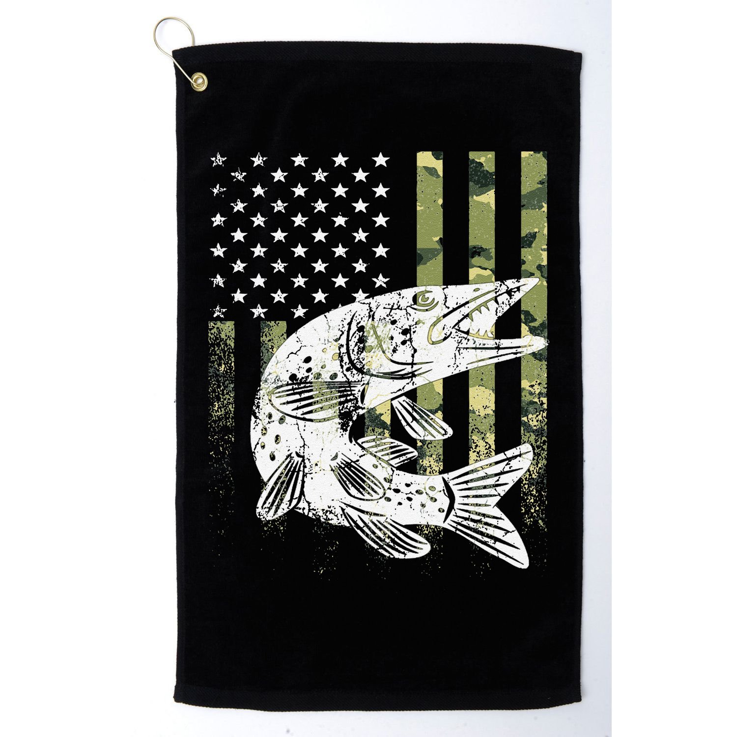 Camouflage USA Flag Patriotic Fisherman Gift Musky Fishing Golf Towel
