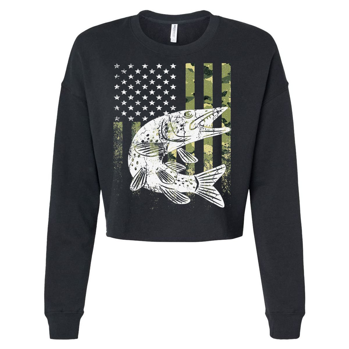 Camouflage USA Flag Patriotic Fisherman Gift Musky Fishing Cropped Pullover Crew