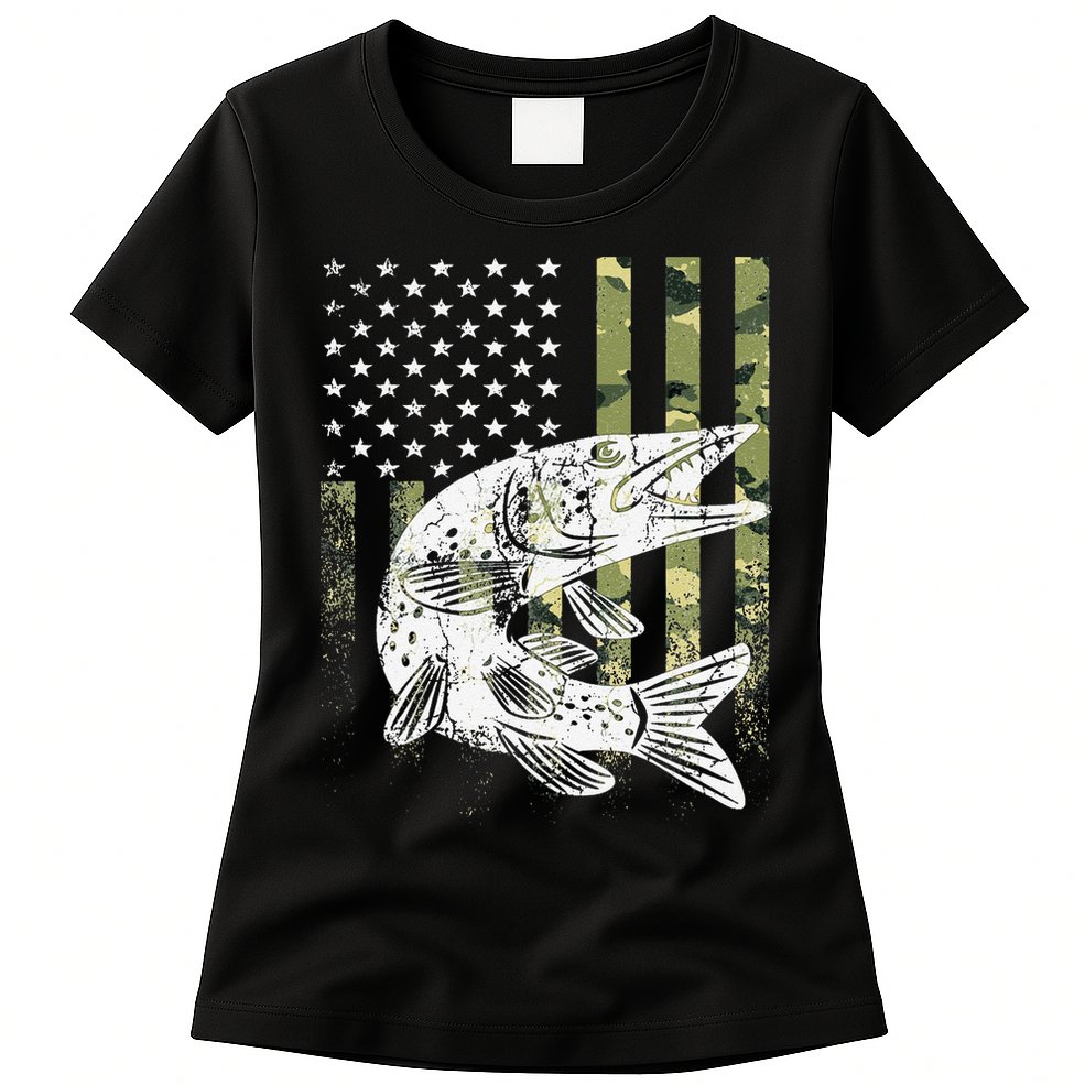 Camouflage USA Flag Patriotic Fisherman Gift Musky Fishing Womens T-Shirt