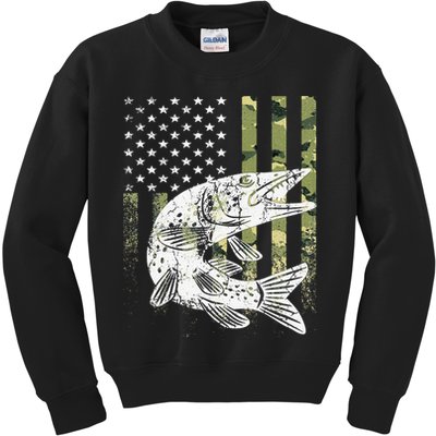 Camouflage USA Flag Patriotic Fisherman Gift Musky Fishing Kids Sweatshirt