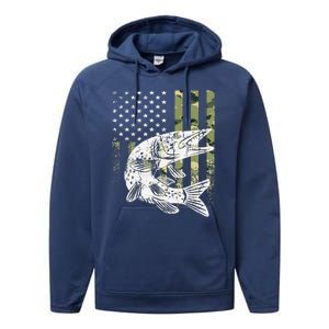 Camouflage USA Flag Patriotic Fisherman Gift Musky Fishing Performance Fleece Hoodie