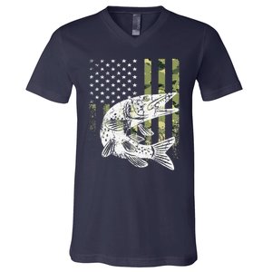 Camouflage USA Flag Patriotic Fisherman Gift Musky Fishing V-Neck T-Shirt