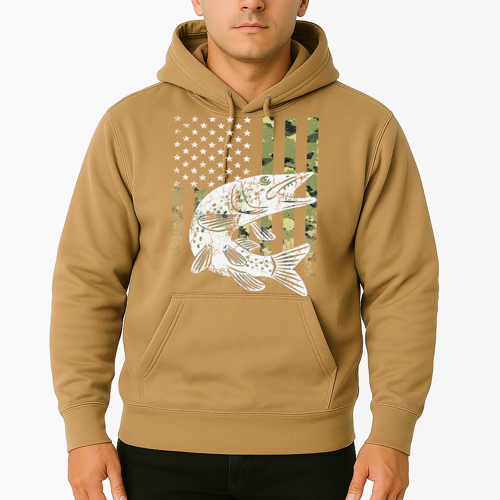 Camouflage USA Flag Patriotic Fisherman Gift Musky Fishing Hoodie