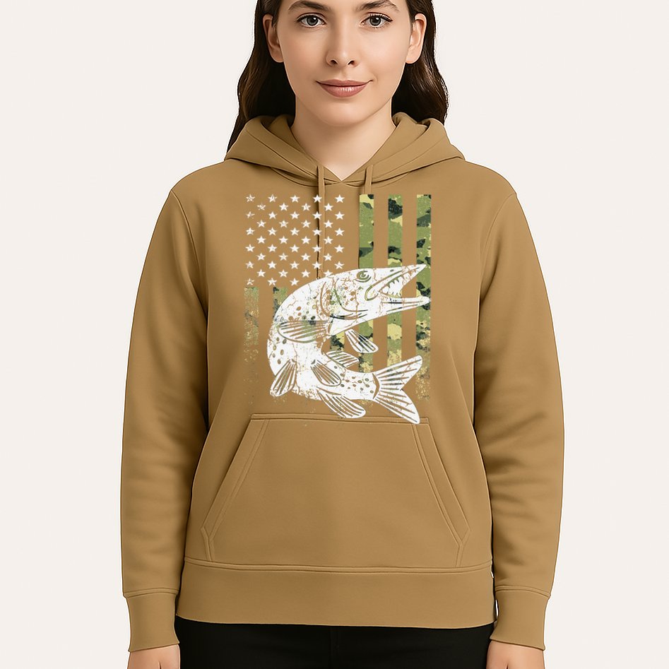 Camouflage USA Flag Patriotic Fisherman Gift Musky Fishing Hoodie