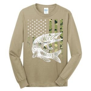 Camouflage USA Flag Patriotic Fisherman Gift Musky Fishing Tall Long Sleeve T-Shirt