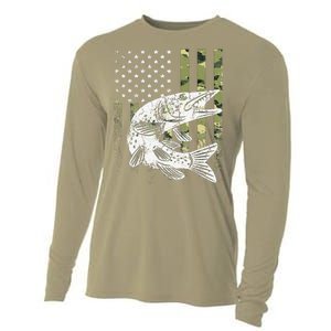 Camouflage USA Flag Patriotic Fisherman Gift Musky Fishing Cooling Performance Long Sleeve Crew