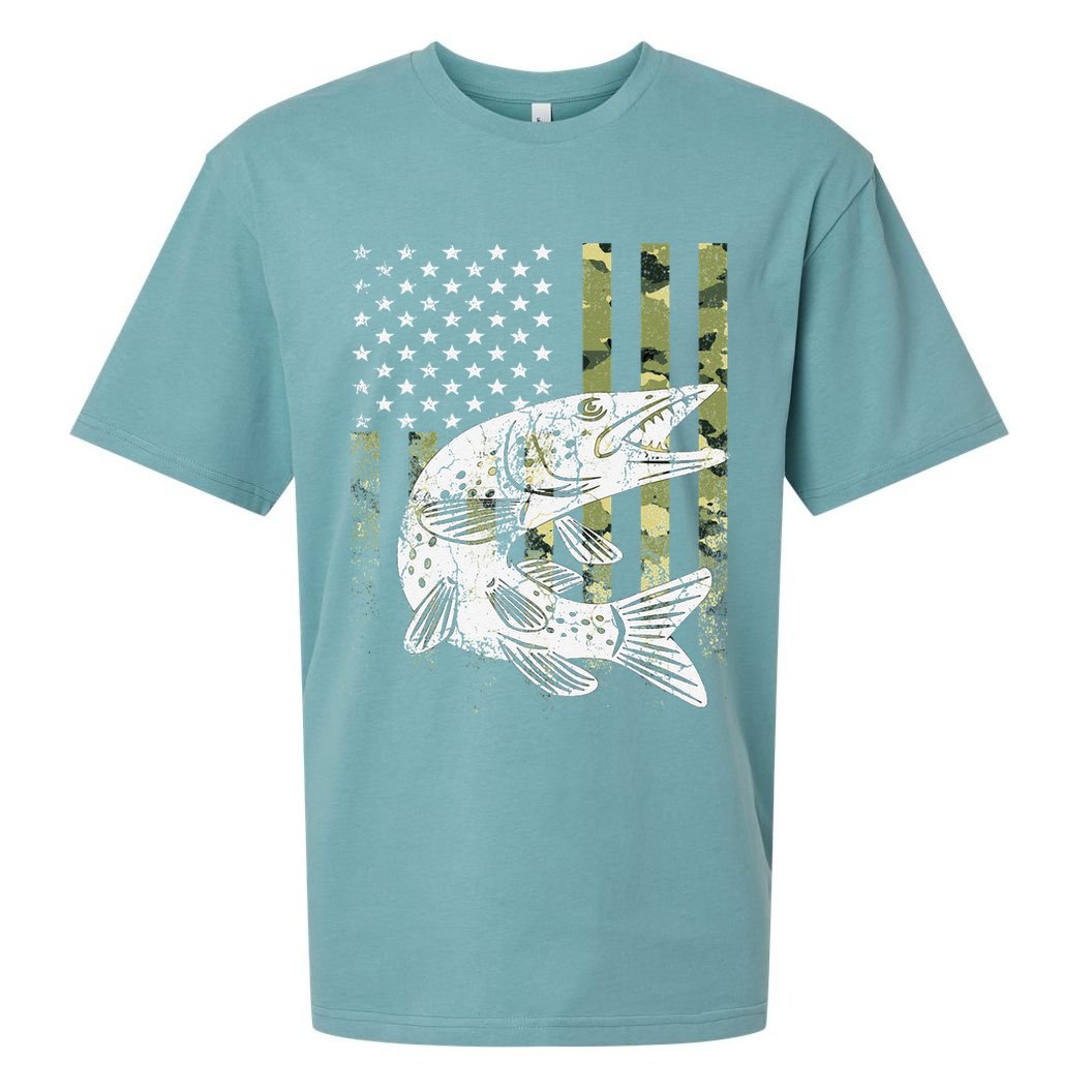 Camouflage USA Flag Patriotic Fisherman Gift Musky Fishing Sueded Cloud Jersey T-Shirt