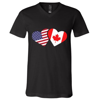 Canada Usa Flag Heart Canadian Americans Love Cute V-Neck T-Shirt