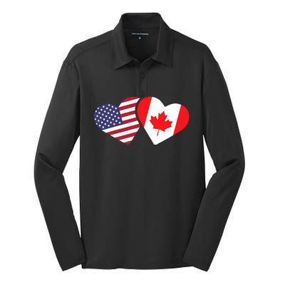 Canada Usa Flag Heart Canadian Americans Love Cute Silk Touch Performance Long Sleeve Polo