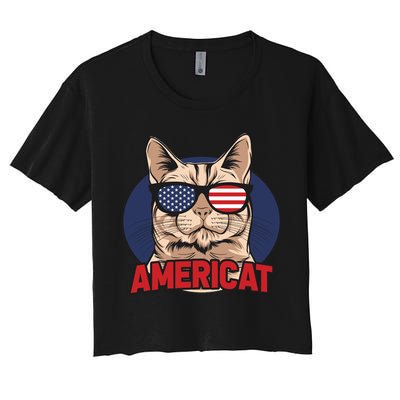 Cat US Flag Sunglasses Americat Cool 4th Of July Cat Crop Top