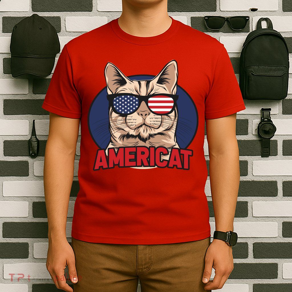 Cat US Flag Sunglasses Americat Cool 4th Of July Cat T-Shirt