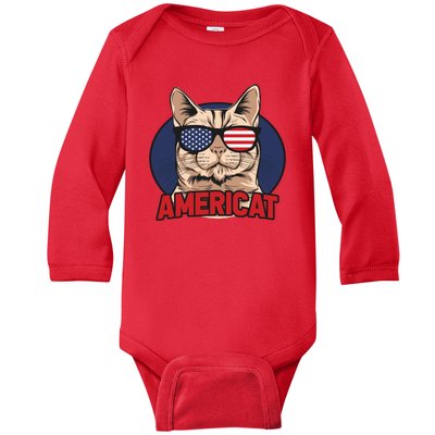 Cat US Flag Sunglasses Americat Cool 4th Of July Cat Baby Long Sleeve Bodysuit