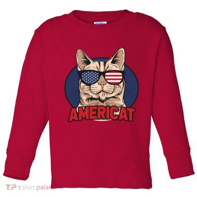 Cat US Flag Sunglasses Americat Cool 4th Of July Cat Toddler Long Sleeve Shirt