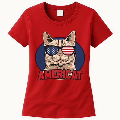 Cat US Flag Sunglasses Americat Cool 4th Of July Cat Womens T-Shirt