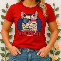 Cat US Flag Sunglasses Americat Cool 4th Of July Cat Womens T-Shirt