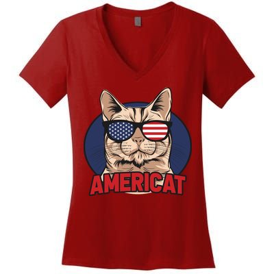 Cat US Flag Sunglasses Americat Cool 4th Of July Cat Women's V-Neck T-Shirt