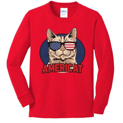 Cat US Flag Sunglasses Americat Cool 4th Of July Cat Kids Long Sleeve Shirt