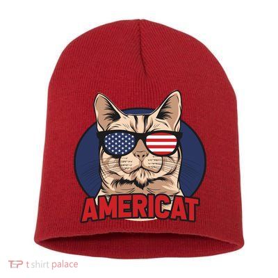 Cat US Flag Sunglasses Americat Cool 4th Of July Cat Short Acrylic Beanie