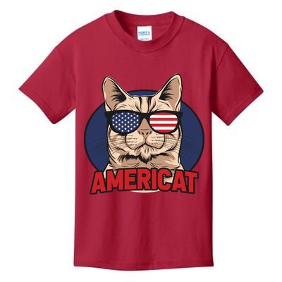 Cat US Flag Sunglasses Americat Cool 4th Of July Cat Kids T-Shirt