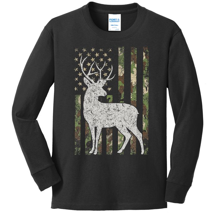 Camo Usa Flag Deer Elk Buck Camoflage Hunting Hunter Gift Kids Long Sleeve Shirt