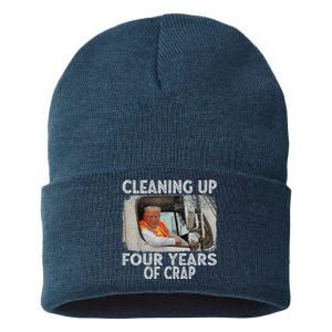 Cleaning Up Four Years Of Crap Funny Trump Sustainable Knit Beanie