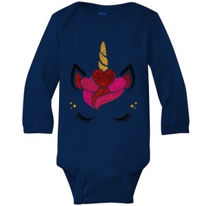 Cute Unicorn Face Valentine's Day Hearts Gift For Girl Kis Baby Long Sleeve Bodysuit