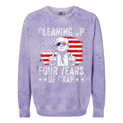 Cleaning Up Four Years Of Crap Funny Usa Flag Trump Garbage Colorblast Crewneck Sweatshirt