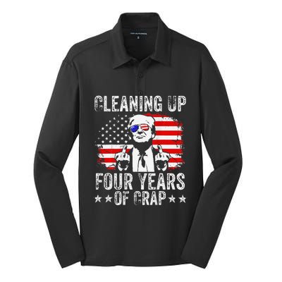 Cleaning Up Four Years Of Crap Funny Usa Flag Trump Garbage Silk Touch Performance Long Sleeve Polo