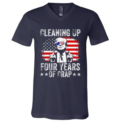 Cleaning Up Four Years Of Crap Funny Usa Flag Trump Garbage V-Neck T-Shirt