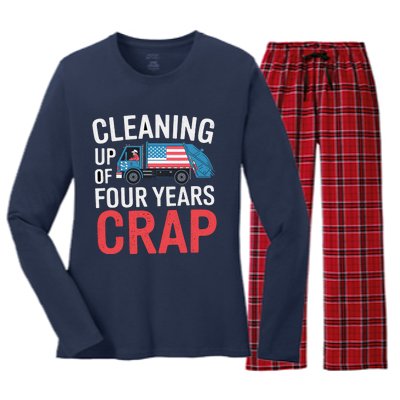 Cleaning Up Four Years Of Crap Funny Trump Garbage Truck Women's Long Sleeve Flannel Pajama Set 