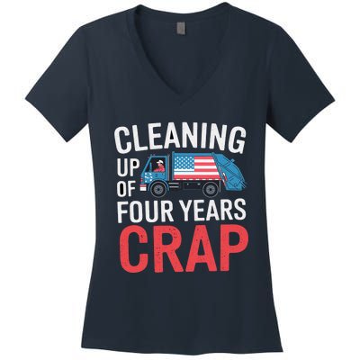 Cleaning Up Four Years Of Crap Funny Trump Garbage Truck Women's V-Neck T-Shirt