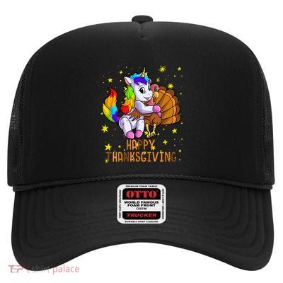 Cute Unicorn Hugs Turkey Happy Thanksgiving High Crown Mesh Back Trucker Hat