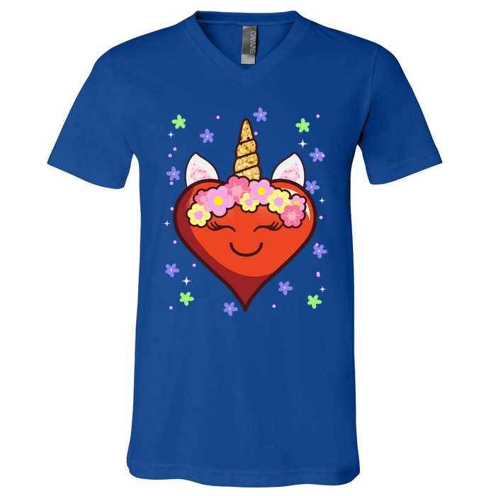 Cute Unicorn Heart Valentines Day Design Gift V-Neck T-Shirt