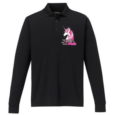 Cute Unicorn In October We Wear Pink Breast Cancer Awareness Performance Long Sleeve Polo